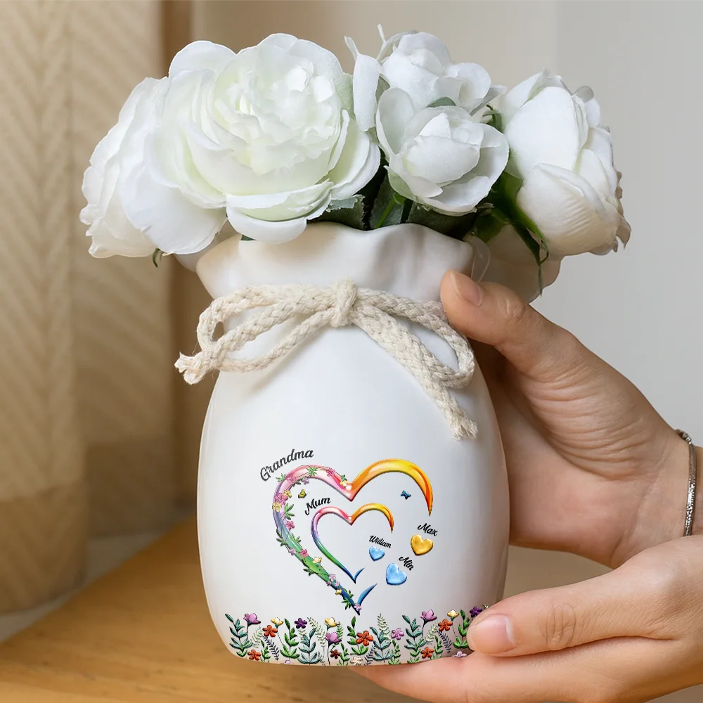 Gift For Grandma, Gift For Mother, Love - Grandma Mom Sweethearts 3D Effect Faux Ceramic Glaze - Personalized Ribbon Tie Flower Vase
