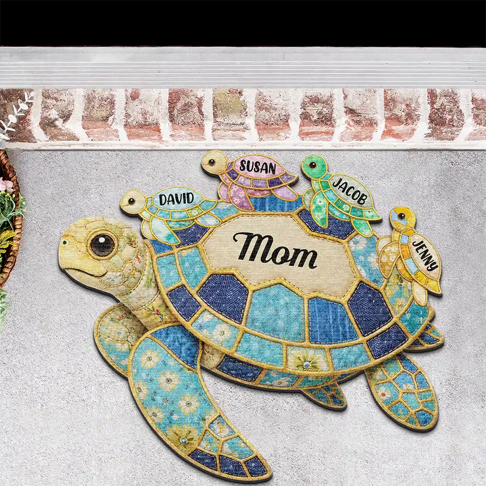 Happy,Gift For Wife,Gift For Yourself,Gift For Women,Gift For Mother,Gift For Grandma - Grandma Mom Turtle Faux Patchwork - Personalized Custom Shaped Doormat