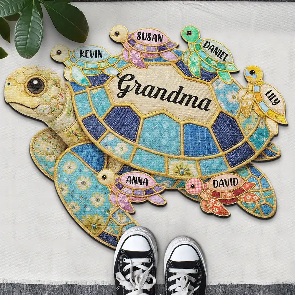 Happy,Gift For Wife,Gift For Yourself,Gift For Women,Gift For Mother,Gift For Grandma - Grandma Mom Turtle Faux Patchwork - Personalized Custom Shaped Doormat