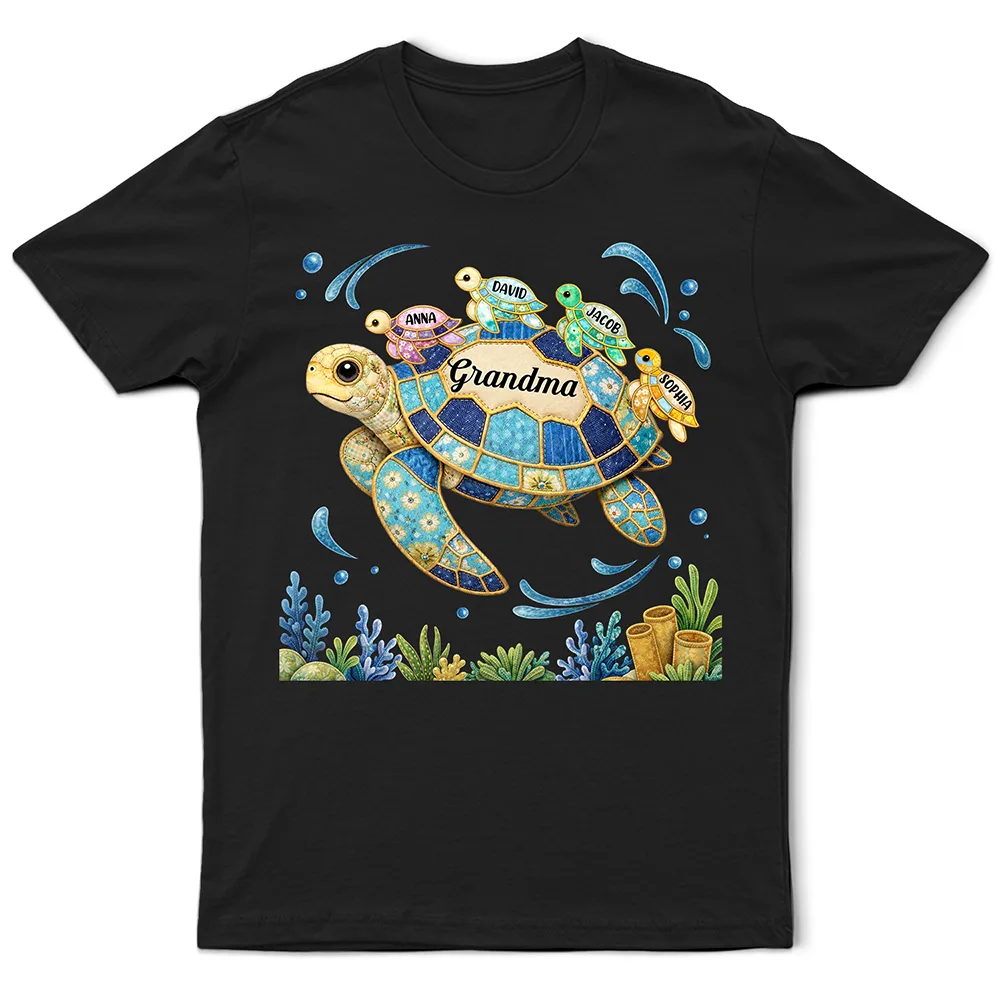 Grandma Mom Turtle Faux Patchwork - Personalized T Shirt