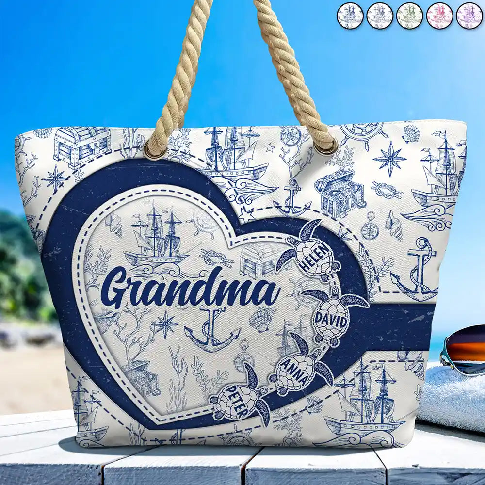 Gift For Grandma, Grandma - Grandkids, Beach - Grandma Mom Turtle Heart Toile - Personalized Beach Bag