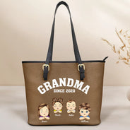 Gift For Mother, Gift For Grandma, Grandma - Grandkids, Happy - Grandma Mommy Since - Personalized Leather Tote Bag