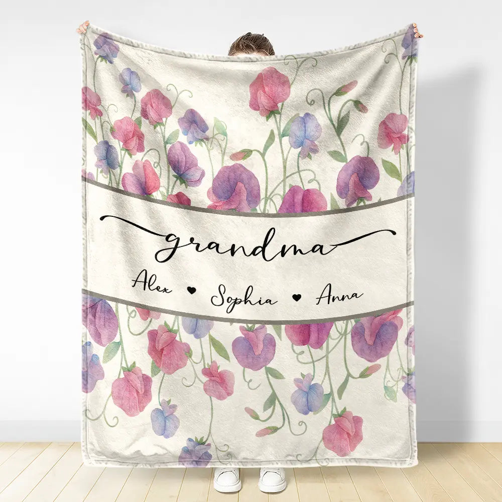 Gift For Grandma,Gift For Mother,Love,Happy - Grandma Mum Birth Flower Watercolor Blooming In Love - Personalized Fleece Blanket, Sherpa Blanket
