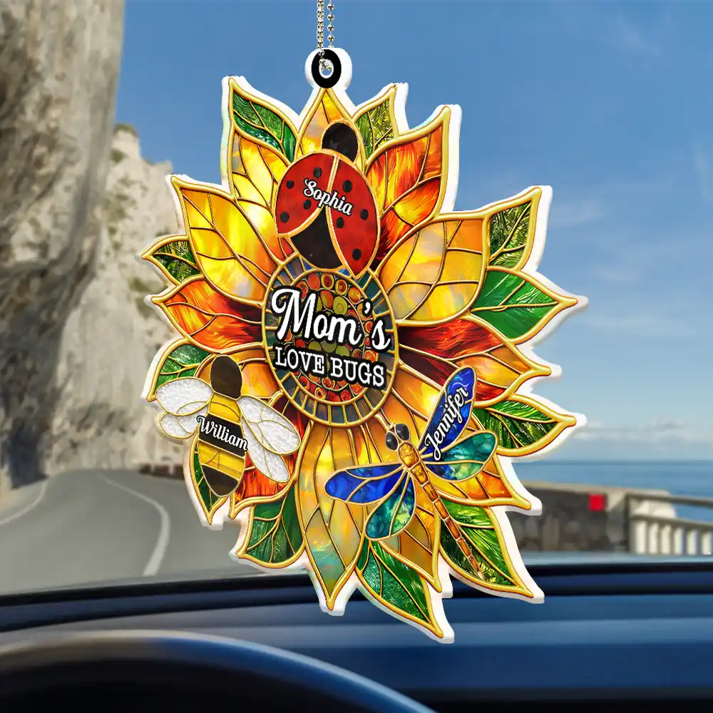 Gardening,Gift For Grandma,Grandma - Grandkids,Grandma's Hobby,Happy,Icon - Grandma's Love Bugs Stained Glass Effect - Personalized Acrylic Car Hanger