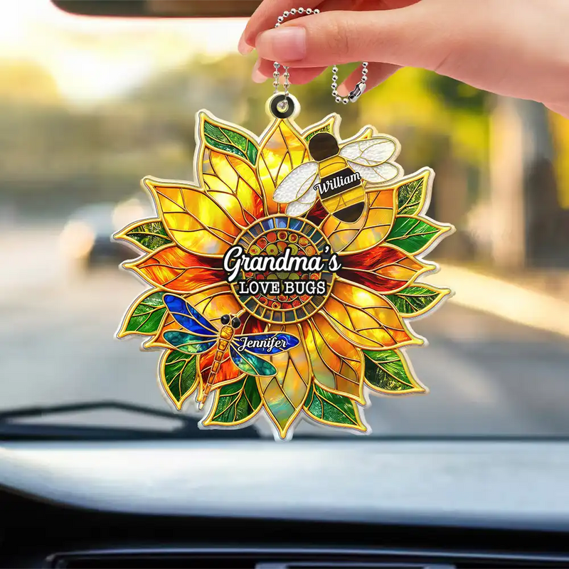Gardening,Gift For Grandma,Grandma - Grandkids,Grandma's Hobby,Happy,Icon - Grandma's Love Bugs Stained Glass Effect - Personalized Acrylic Car Hanger