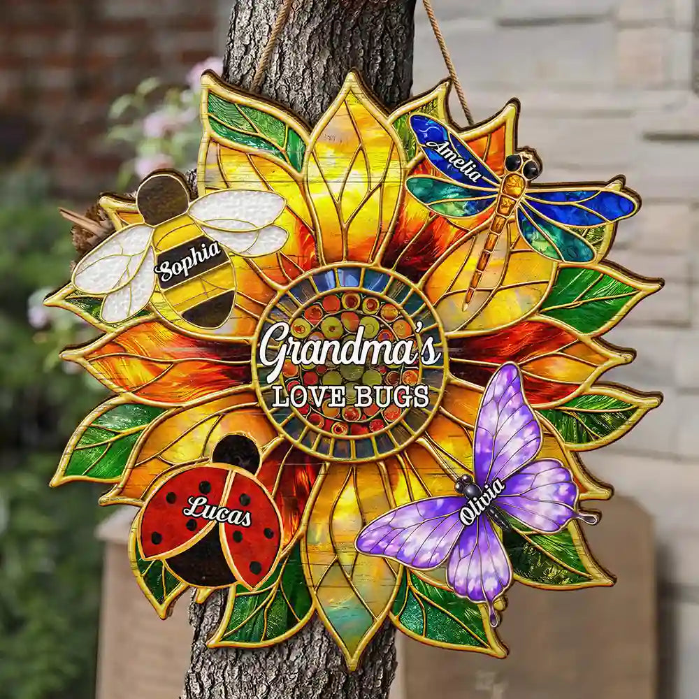 Grandma's Love Bugs Stained Glass Effect - Personalized Custom Shaped Wood Sign