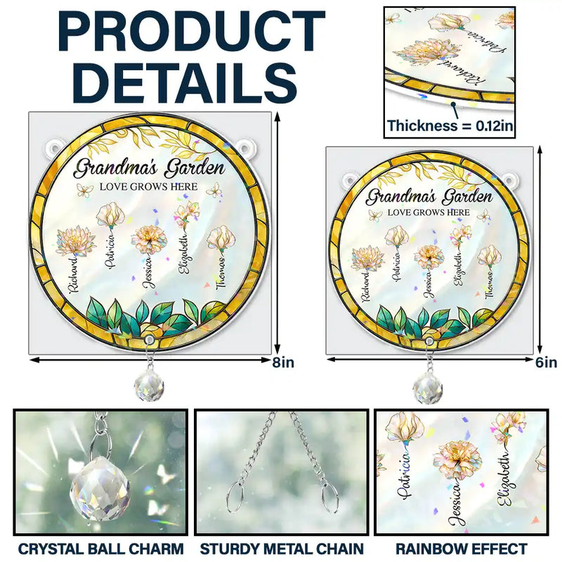 Gift For Grandma,Happy,Grandma,Grandkids - Grandma's Garden - Personalized Rainbow Suncatcher With Crystal Ball Prism