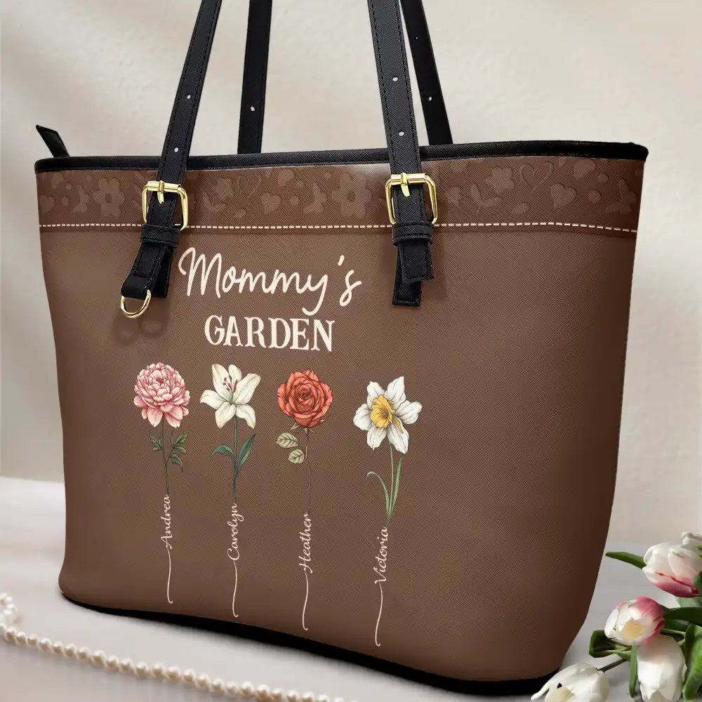 Gift For Mother,Gift For Grandma,Love,Gift For Wife - Grandma's Garden Birth Flower - Personalized Leather Tote Bag