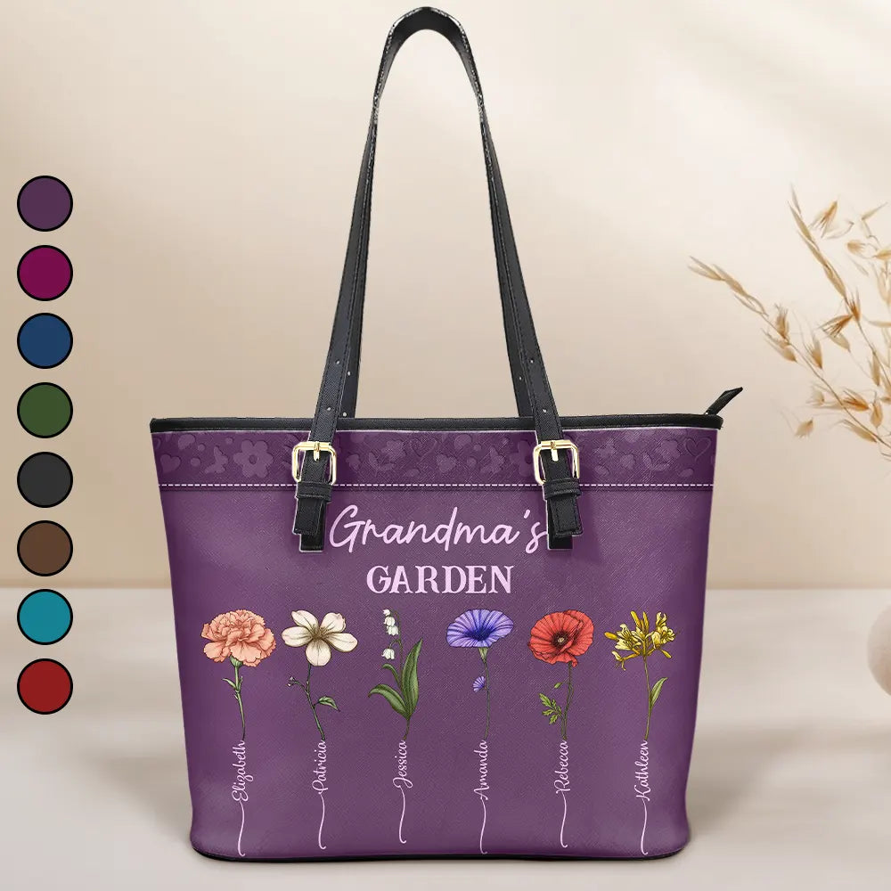 Gift For Mother,Gift For Grandma,Love,Gift For Wife - Grandma's Garden Birth Flower - Personalized Leather Tote Bag