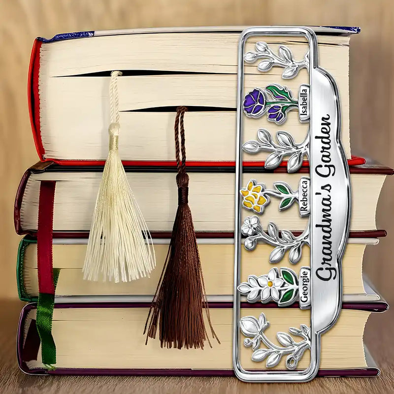Gift For Grandma,Grandma - Grandkids,Happy - Grandma's Garden Birth Month Flower - Personalized Custom Shaped Metal Bookmark