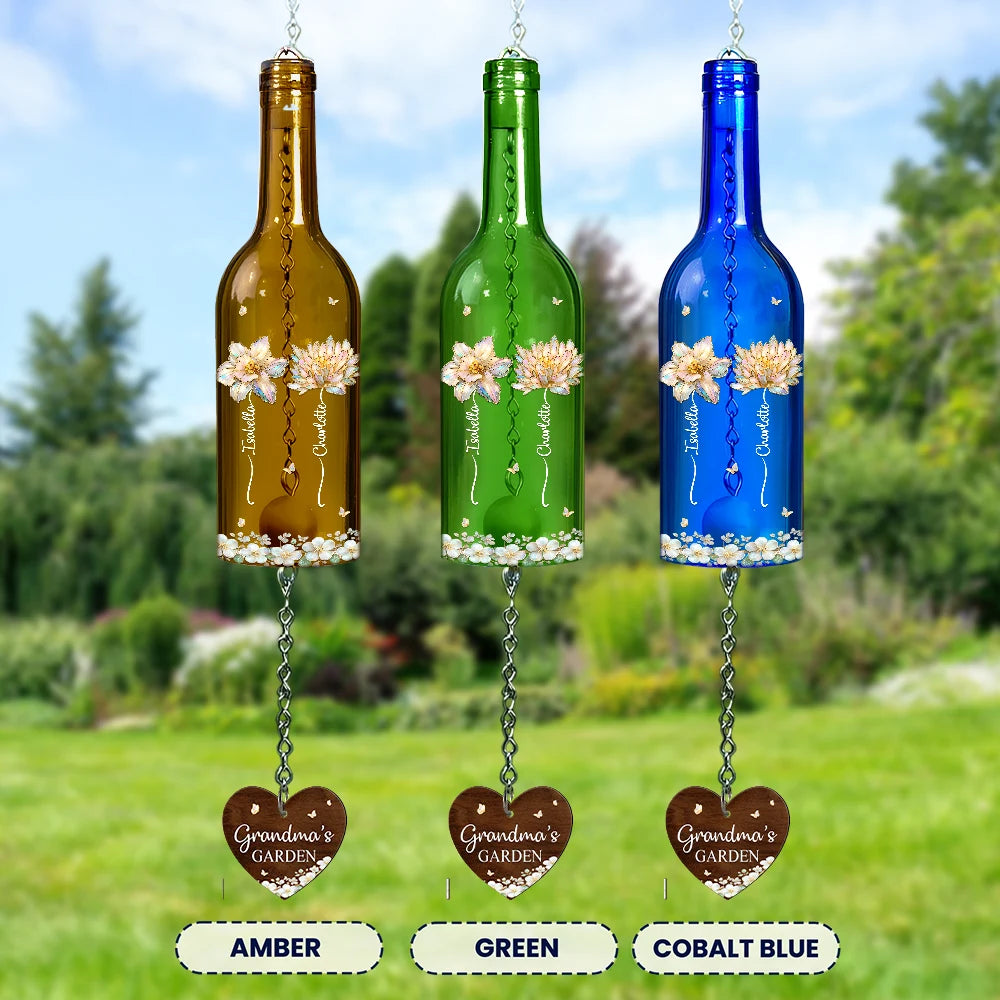 Gift For Mother, Gift For Grandma, Grandma - Grandkids, Family, Happy - Grandma's Garden Birth Month Flower - Personalized Wine Bottle Wind Chime