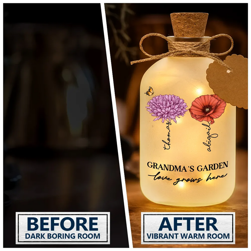 Gift For Grandma, Gift For Mother, Gift For Wife, Gift For Women, Happy - Grandma's Garden Birth Month Flowers - Personalized Short Bottle Light