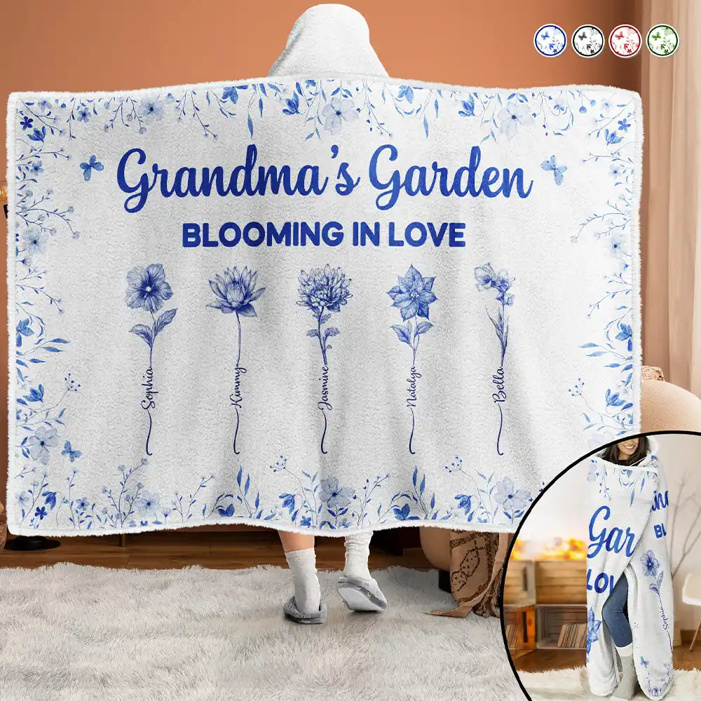 Gift For Women,Gift For Grandma,Gift For Mother,Love,Christmas - Grandma's Garden Blooming In Love Toile Birth Flower - Personalized Wearable Hooded Blanket