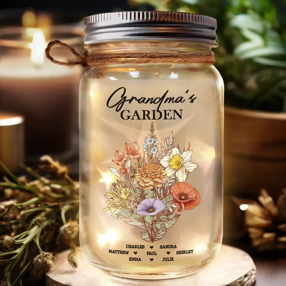 Grandma's Garden Family Birth Flower - Personalized Mason Jar Light