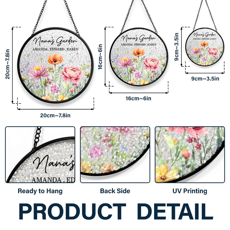 Gift For Grandma,Grandma - Grandkids,Grandma's Hobby,Happy - Grandma's Garden Floral - Personalized Stained Glass Window Hanging Suncatcher