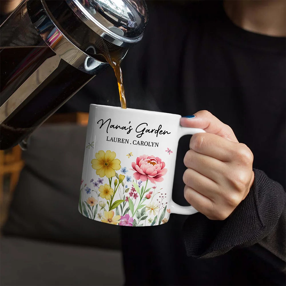 Gift For Grandma, Grandma - Grandkids, Grandma's Hobby, Happy - Grandma's Garden Floral - Personalized White Edge-to-Edge Mug