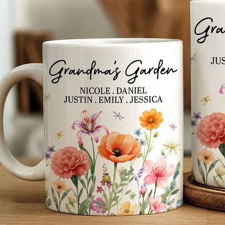 Grandma's Garden Floral - Personalized White Edge-to-Edge Mug