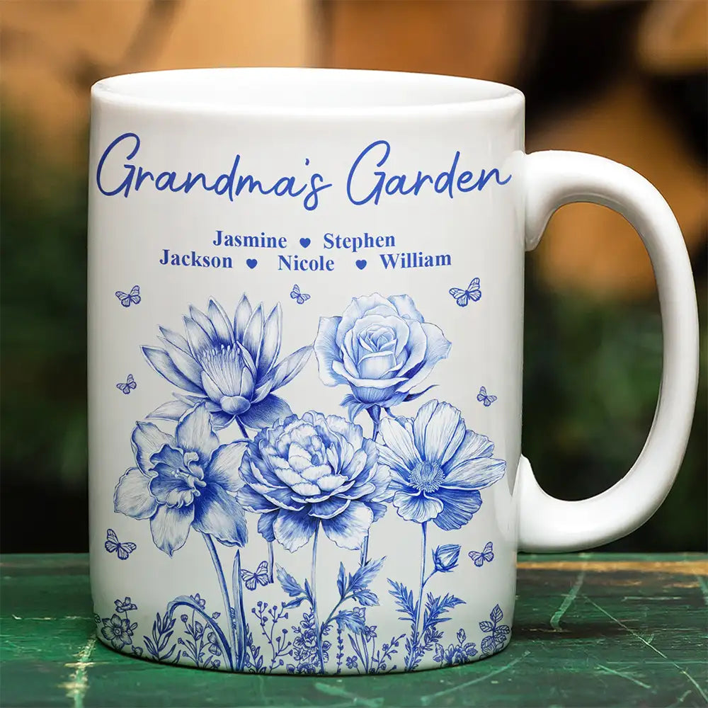 Grandma's Garden Toile Birth Flower - Personalized White Edge-to-Edge Mug