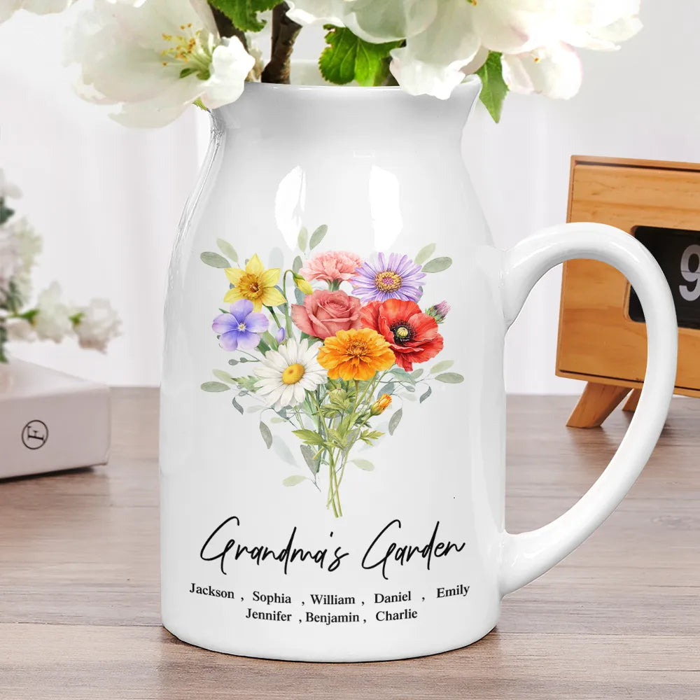 Gift For Mother,Gift For Grandma,Love - Grandma's Garden Watercolor Birth Flower - Personalized Ceramic Flower Vase