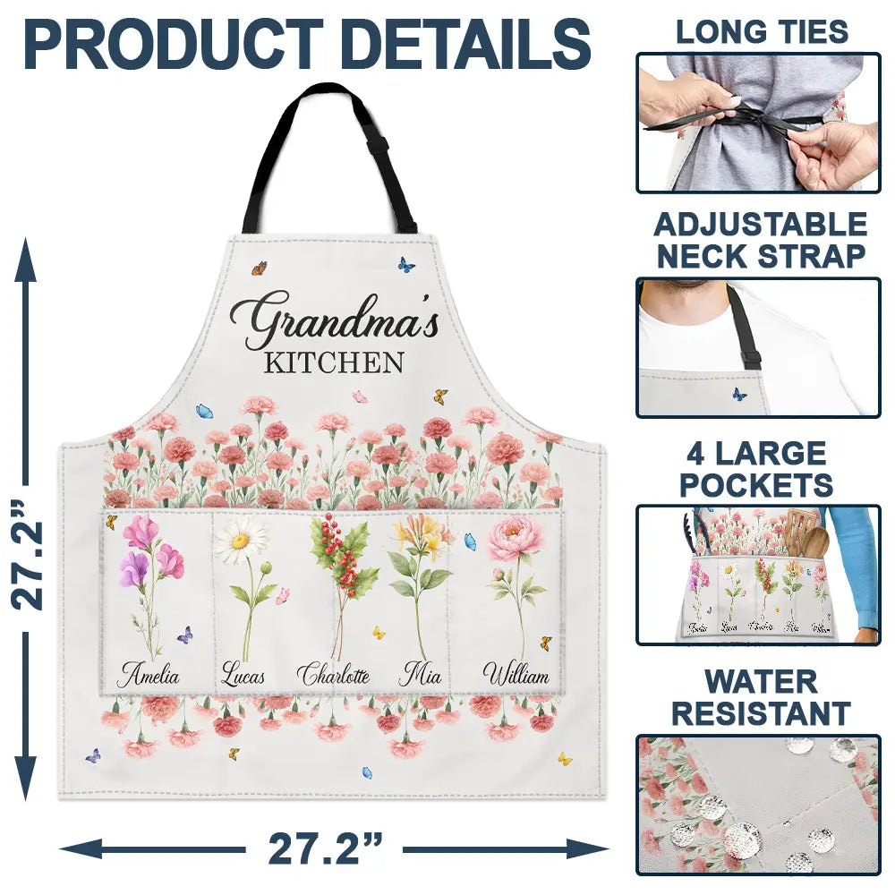 Gift For Mother,Gift For Grandma,Love - Grandma's Kitchen Watercolor Birth Month Flower - Personalized Apron