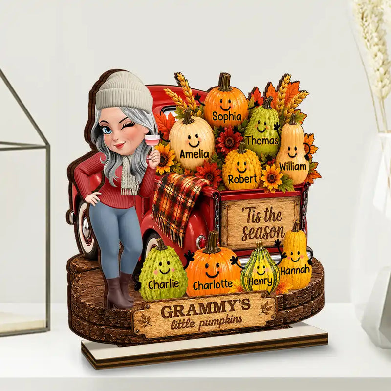 Gift For Grandchildren,Gift For Grandkids,Gift For Grandma,Cozy,Grandma - Grandkids,Vector - Grandma's Little Pumpkins Red Truck - Personalized Custom Shaped Wooden Plaque
