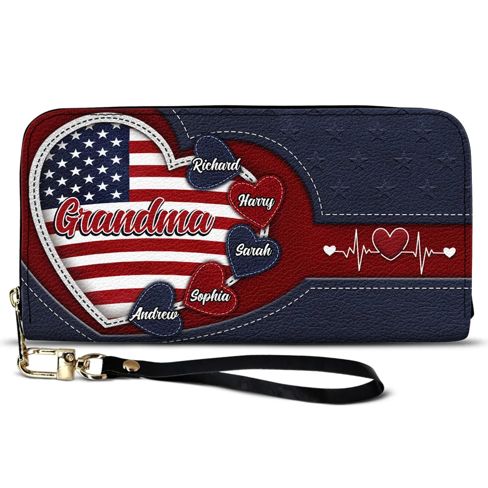Grandma's Little Sweethearts US Flag - Personalized Leather Long Wallet