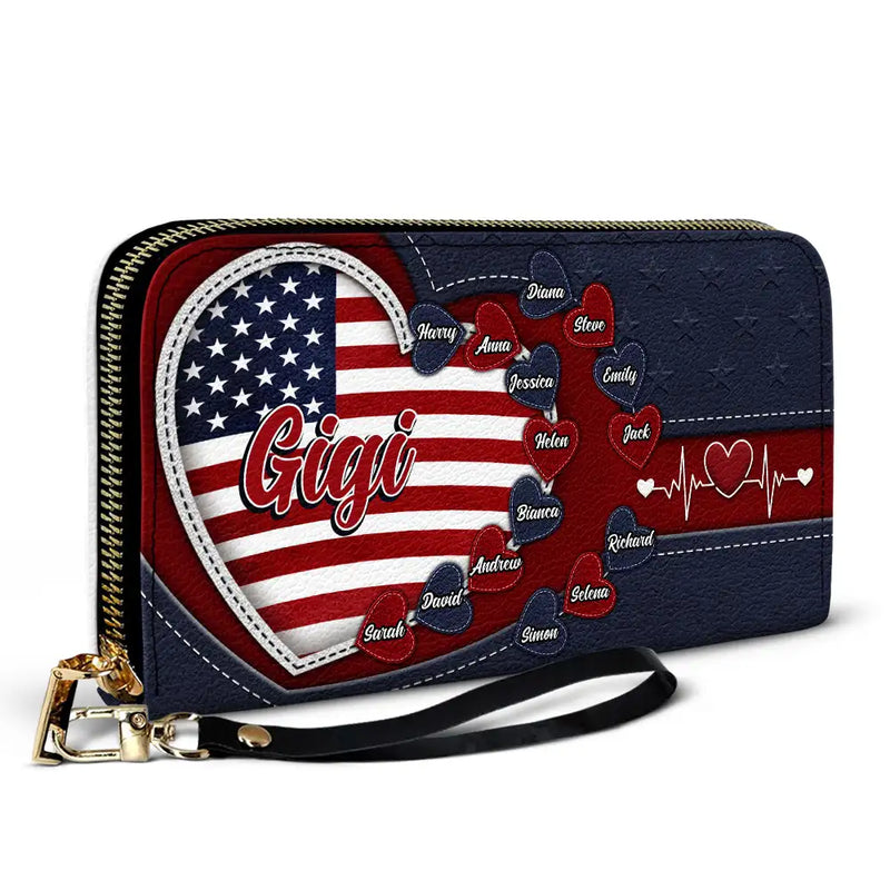 Gift For Mother,Gift For Grandma,Gift For Wife,Independence Day,Happy - Grandma's Little Sweethearts US Flag - Personalized Leather Long Wallet