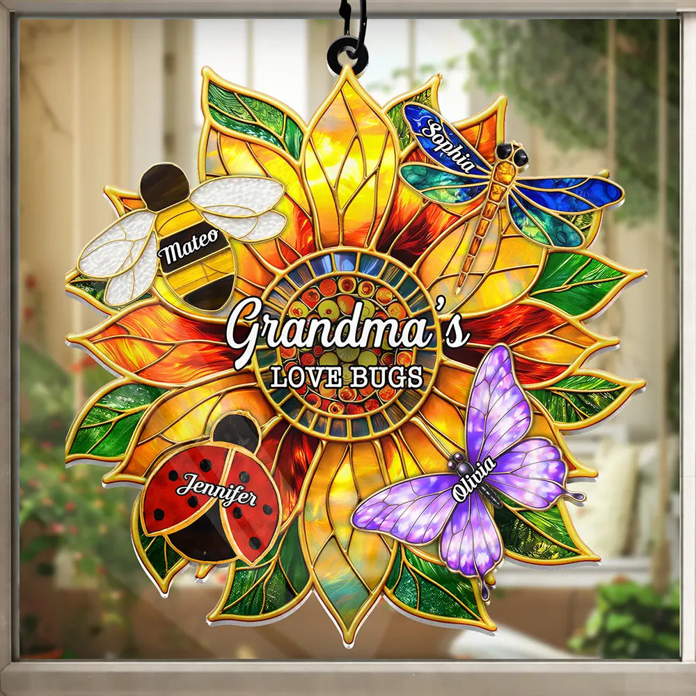 Gift For Grandma, Grandma - Grandkids, Grandma's Hobby, Gardening, Happy - Grandma's Love Bugs Stained Glass Effect - Personalized Window Hanging Suncatcher Ornament