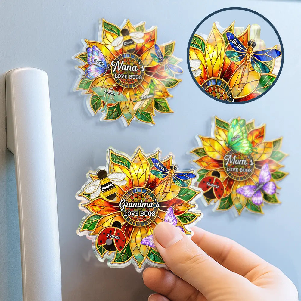 Gift For Grandma,Grandma - Grandkids,Grandma's Hobby,Gardening,Happy - Grandma's Love Bugs Stained Glass Effect - Personalized Acrylic Magnet