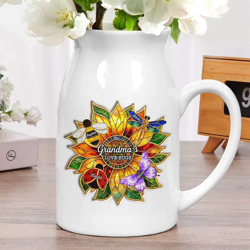 Gift For Grandma,Grandma - Grandkids,Grandma's Hobby,Gardening,Happy,Icon,Playful - Grandma's Love Bugs Stained Glass Effect - Personalized Ceramic Flower Vase