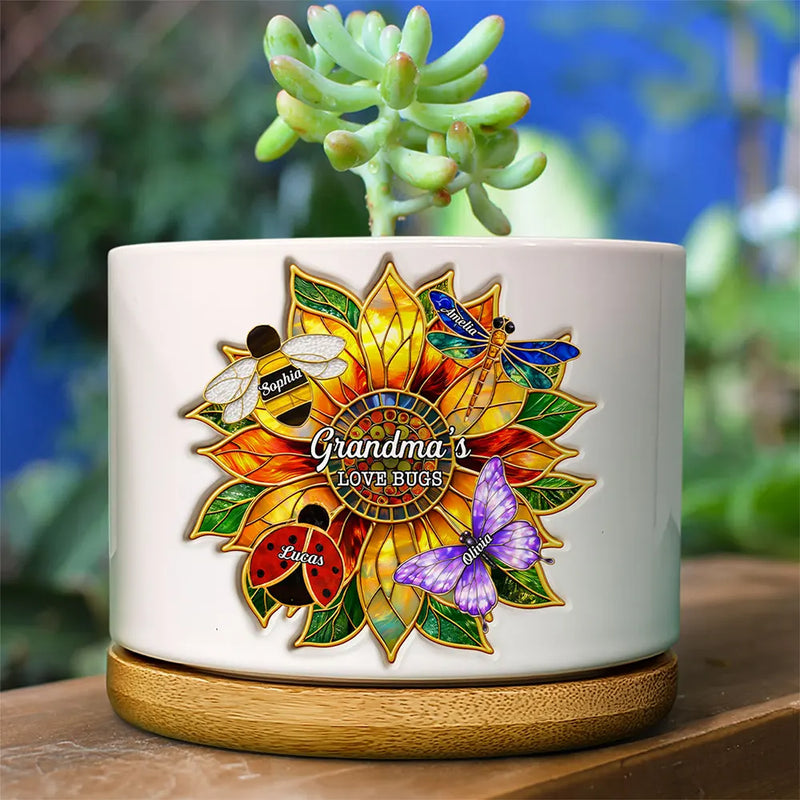Gift For Grandma,Grandma - Grandkids,Grandma's Hobby,Gardening,Happy - Grandma's Love Bugs Stained Glass Effect - Personalized Ceramic Plant Pot