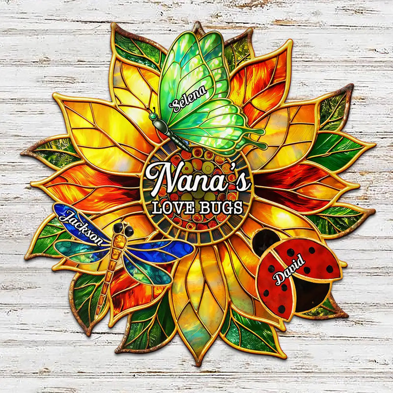 Gift For Grandma,Grandma - Grandkids,Grandma's Hobby,Gardening,Happy,Icon,Playful - Grandma's Love Bugs Stained Glass Effect - Personalized Custom Shaped Metal Sign