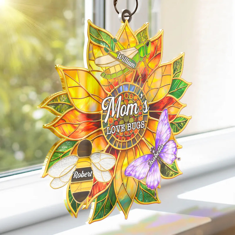 Gift For Grandma, Grandma - Grandkids, Grandma's Hobby, Gardening, Happy - Grandma's Love Bugs Stained Glass Effect - Personalized Window Hanging Suncatcher Ornament
