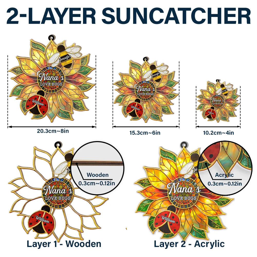 Gift For Grandma, Grandma - Grandkids, Grandma's Hobby, Gardening, Happy - Grandma's Love Bugs Stained Glass Effect - Personalized Window Hanging Suncatcher Ornament