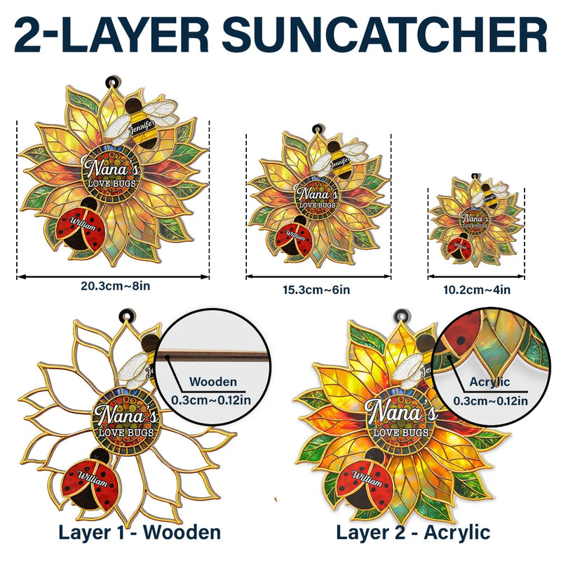 Gift For Grandma, Grandma - Grandkids, Grandma's Hobby, Gardening, Happy - Grandma's Love Bugs Stained Glass Effect - Personalized Window Hanging Suncatcher Ornament