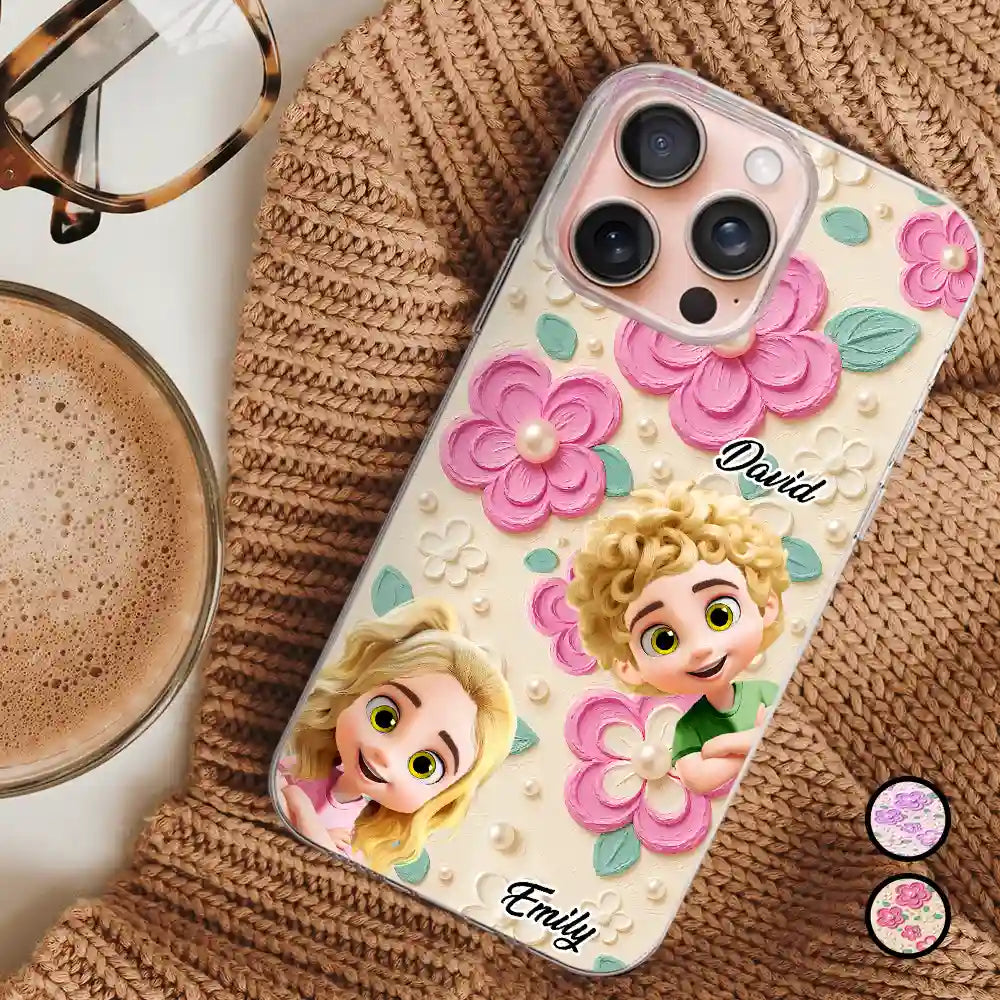 Grandma's Mom's Kids 3D Effect Flower Pattern - Personalized Clear Phone Case