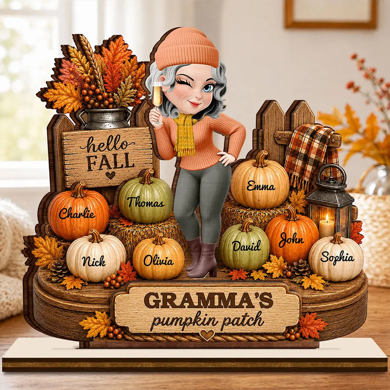 Top Market,Gift For Grandchildren,Gift For Grandkids,Gift For Grandma,Cozy,Grandma - Grandkids,Vector - Grandma's Pumpkin Patch Fall Vibes - Personalized Custom Shaped Wooden Plaque