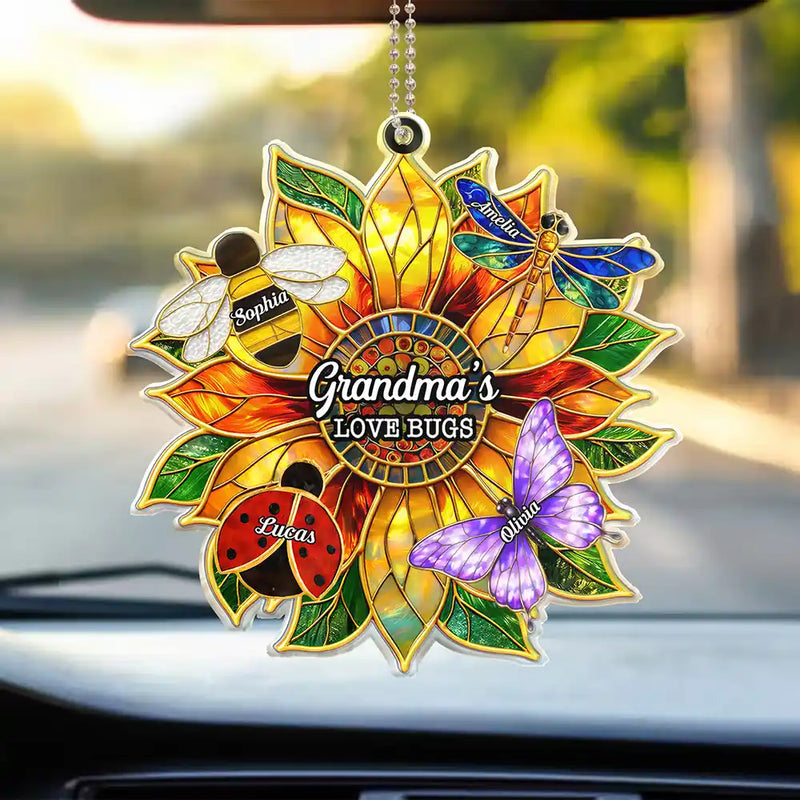 Gardening,Gift For Grandma,Grandma - Grandkids,Grandma's Hobby,Happy,Icon - Grandma's Love Bugs Stained Glass Effect - Personalized Acrylic Car Hanger