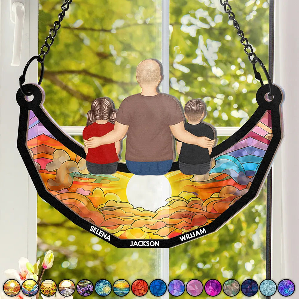 Grandpa And Grandkids On The Moon - Personalized Window Hanging Suncatcher Ornament