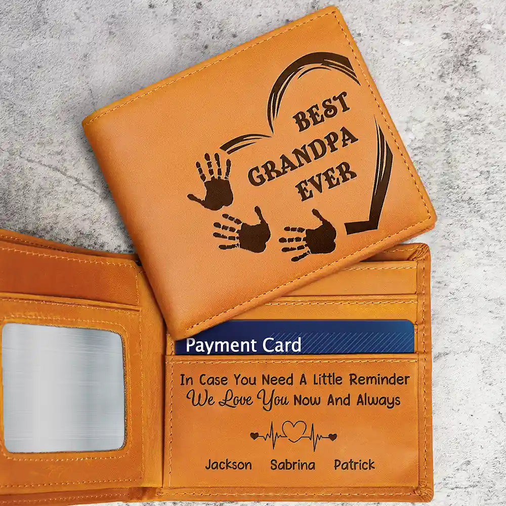 Gift For Father, Gift For Grandpa, Love - Grandpa Sweetheart Grandkid Handprint - Personalized Engraved Leather Wallet