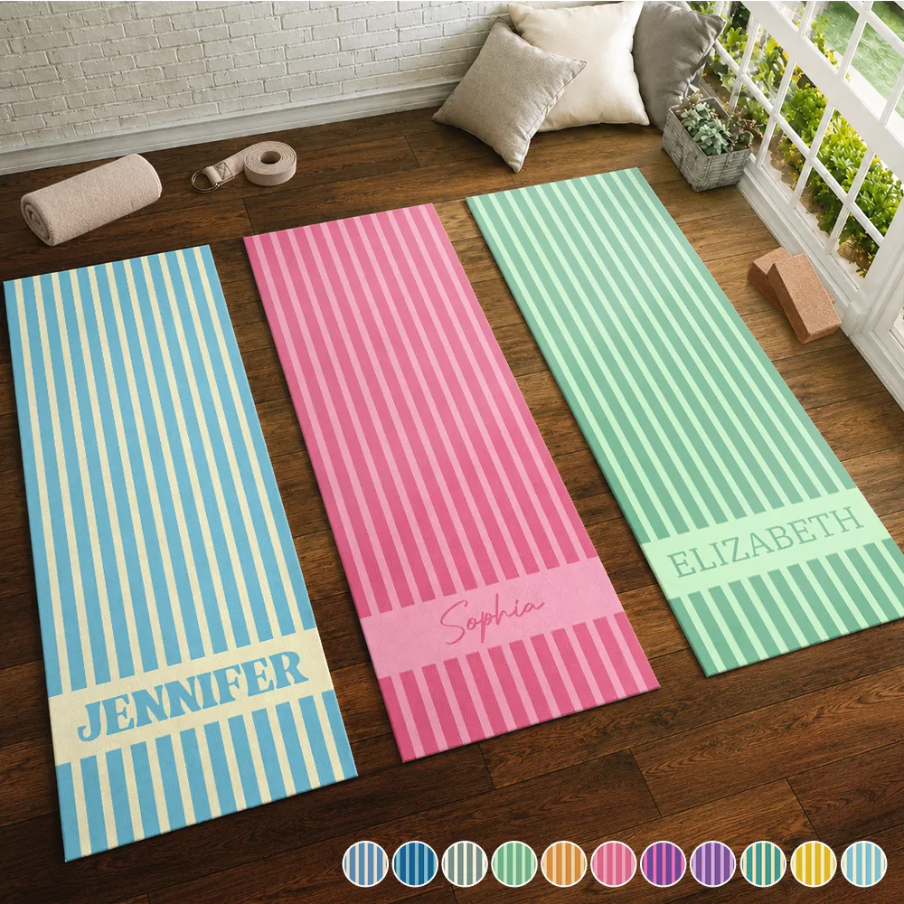 Gift For Yourself, Gift For Women, Summer, Yoga, Healing, Custom Text - Groovy Striped With Name - Personalized Yoga Mat