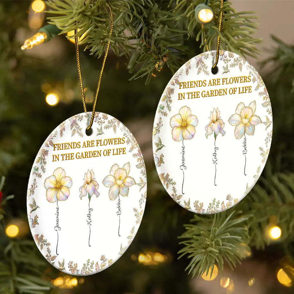 Happy,Gift For Bestie,Old Best friends,Christmas - Grow An Old Friend Birth Flower Nacre Effect - Personalized Circle Ceramic Ornament