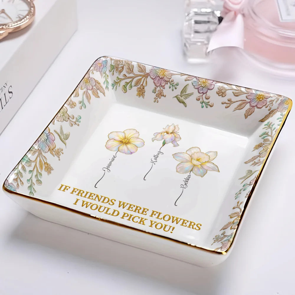 Happy, Gift For Bestie, Old Best friends - Grow An Old Friend Birth Flower Nacre Effect - Personalized Ring Dish