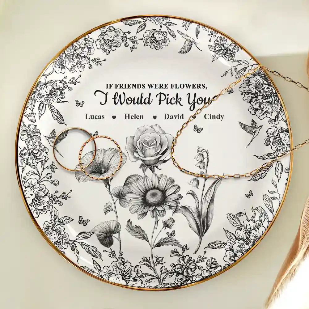Happy, Gift For Bestie, Old Best friends, Gifts For Colleagues, Gift For Sisters - Grow An Old Friend Toile Birth Flower - Personalized Round Ring Dish