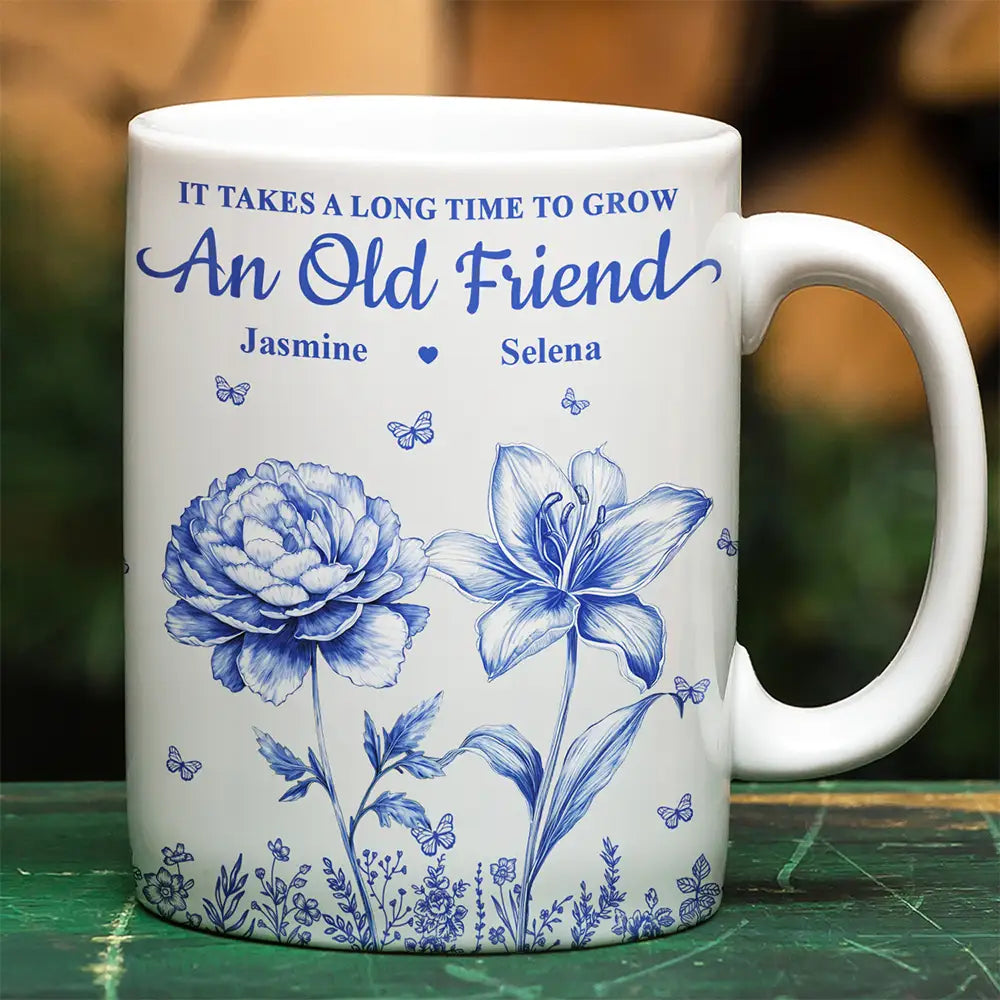 Grow An Old Friend Toile Birth Flower - Personalized White Edge-to-Edge Mug