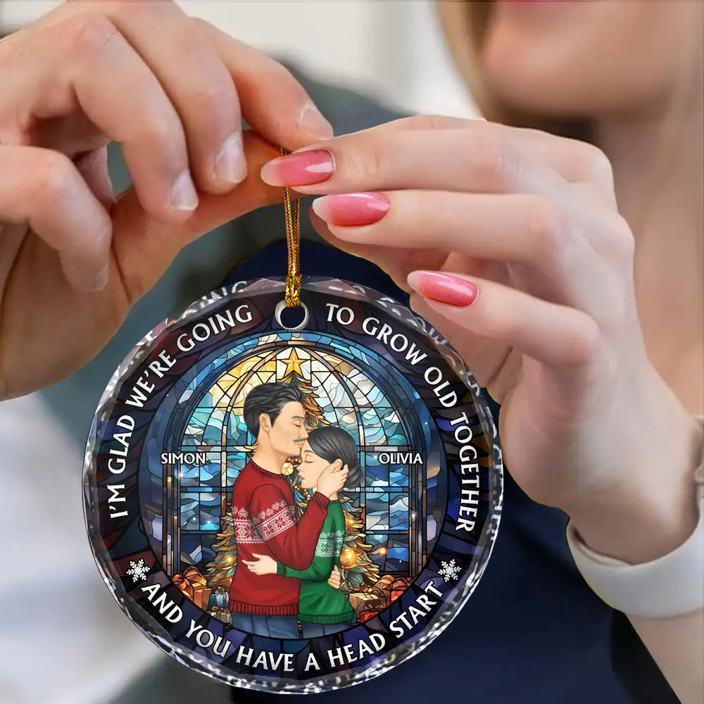 Christmas,Gift For Couples,Gift For Husband,Gift For Wife,Gift For Boyfriend,Gift For Girlfriend,Happy - Growing Old Together Side View Couple - Personalized Circle Glass Ornament