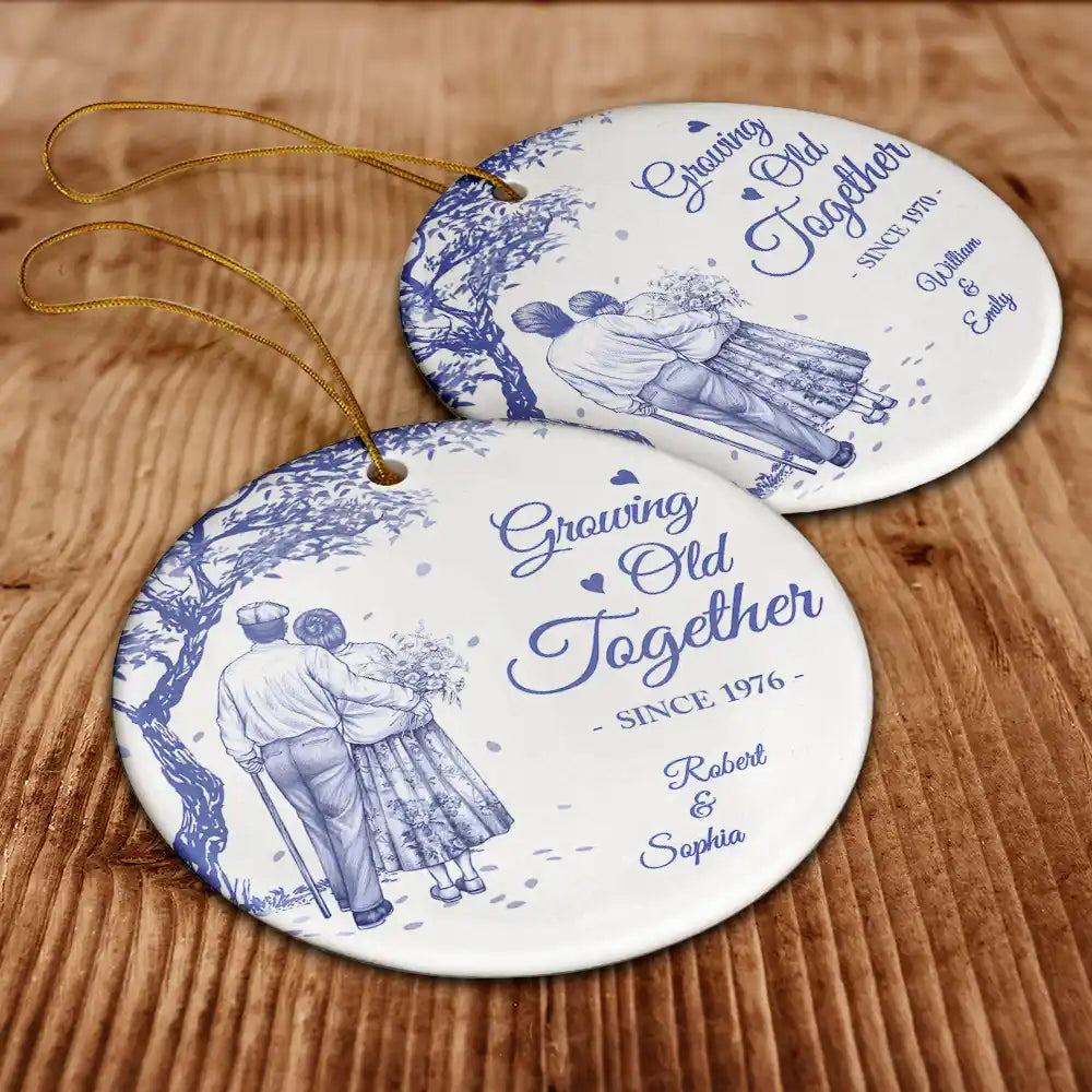 Old Couples,Gift For Women,Gift For Men,Gift For Husband,Gift For Wife,Christmas,Love - Growing Old Together Since Old Couple Toile - Personalized Circle Ceramic Ornament