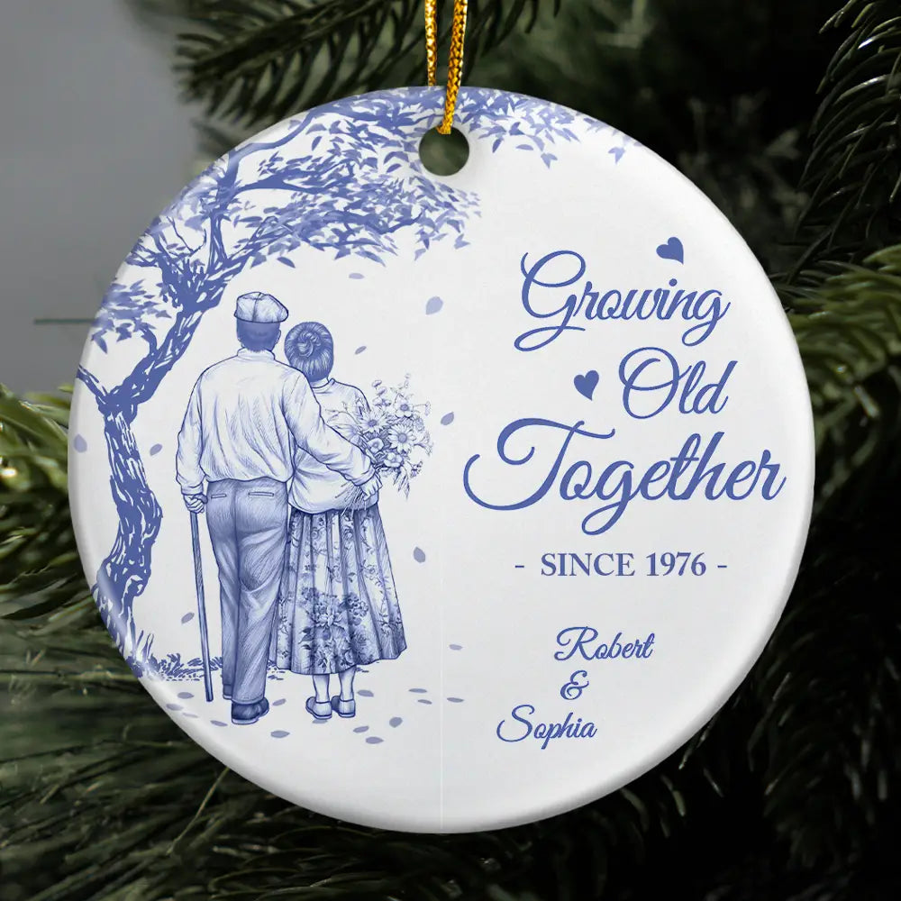 Growing Old Together Since Old Couple Toile - Personalized Circle Ceramic Ornament