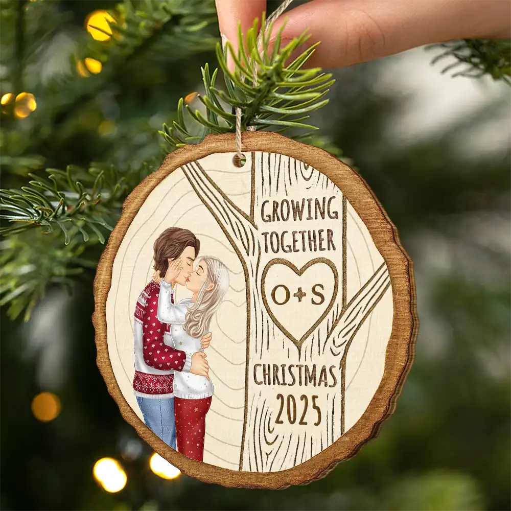 Christmas,Gift For Couples,Gift For Husband,Gift For Wife,Gift For Boyfriend,Gift For Girlfriend,Happy - Growing Together Couple Under The Tree - Personalized Custom Shaped Wooden Ornament