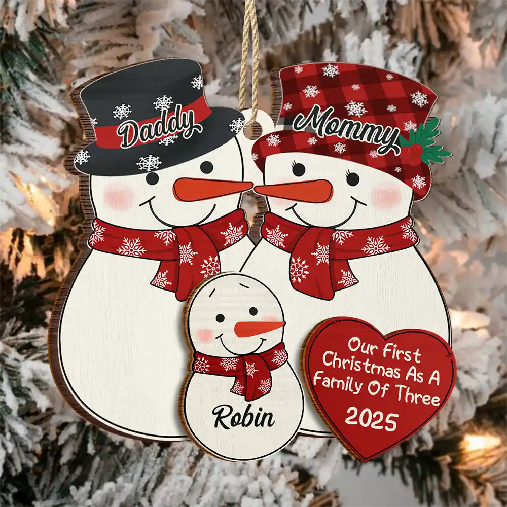 First Christmas As A Family Of Three New Parents Snowman - Personalized 2-Layered Wooden Ornament